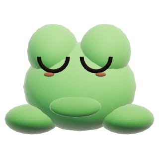 A sleepy green frog with round eyes