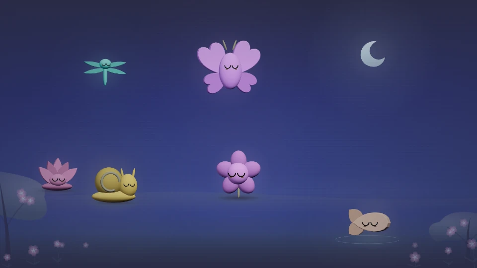 A dreambook illustration from the game: a butterfly, dragonfly, flowers, snail and koi in a moonlit garden.