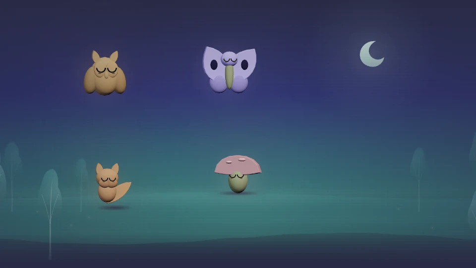 A sleepy moth, owl, fox and mushroom in the game's moonlit forest.