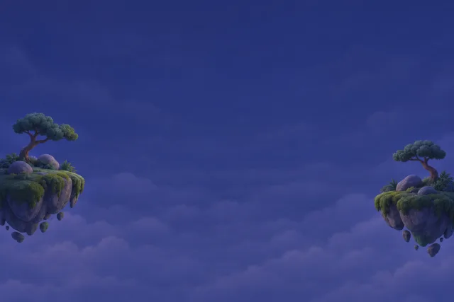 Small mossy islands with bonsai trees floating in a violet night sky.