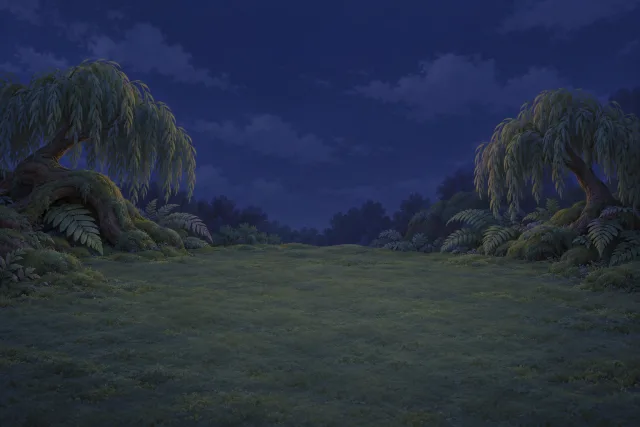 Weeping willows and ferns around a mossy clearing under a cloudy night sky.