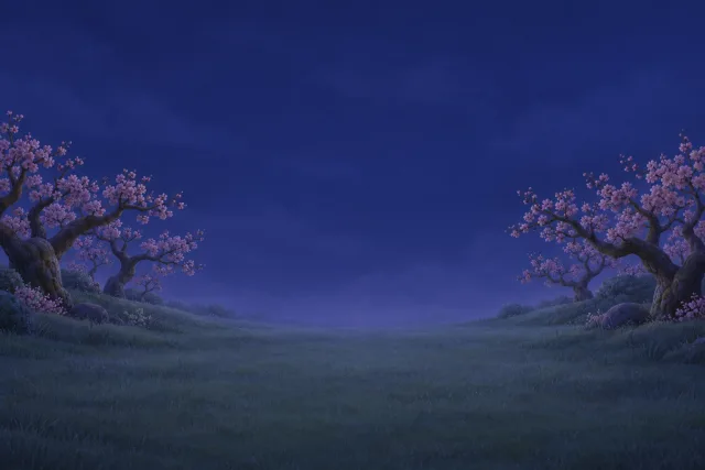 Plum trees in pink blossom beside a misty meadow at night.