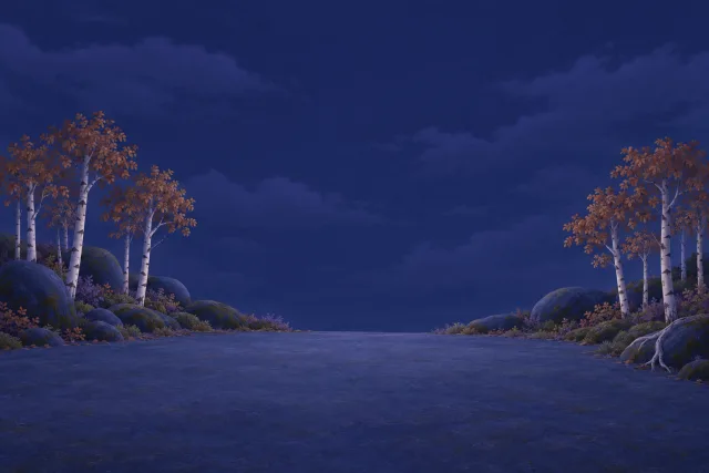 Autumn birches lining a quiet moonlit path.